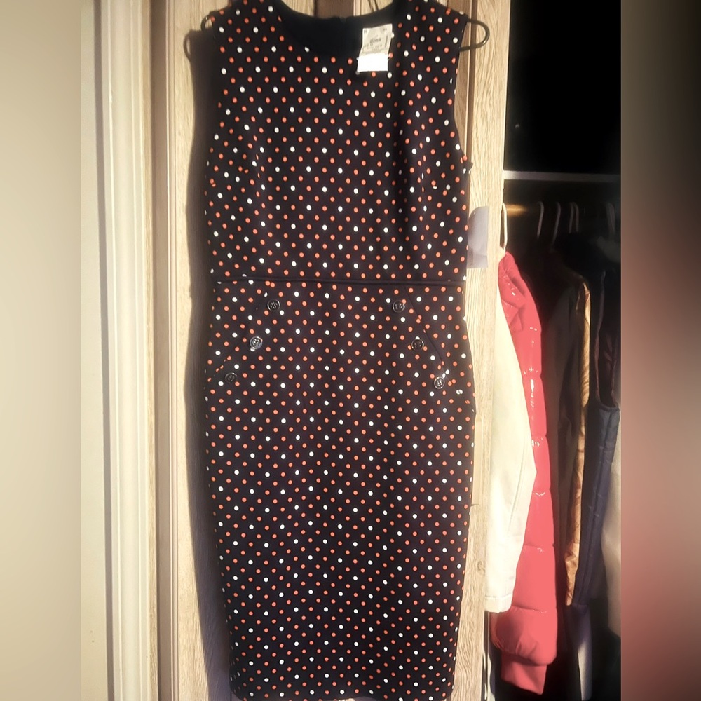 Blue dress with orange and white polka dots